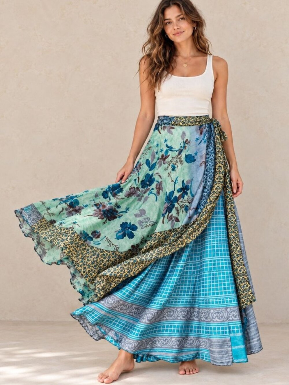 Reversible Sari Silk Magic Wrap Maxi Skirt OS Turquoise Floral Boho Festival